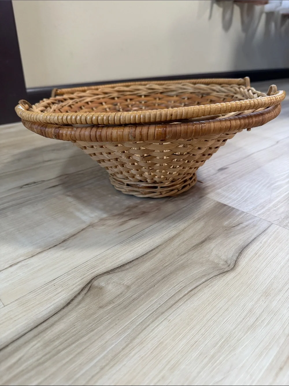 Vintage Large Woven Rattan Basket Double Handles Pedestal Boho Farmhouse Décor